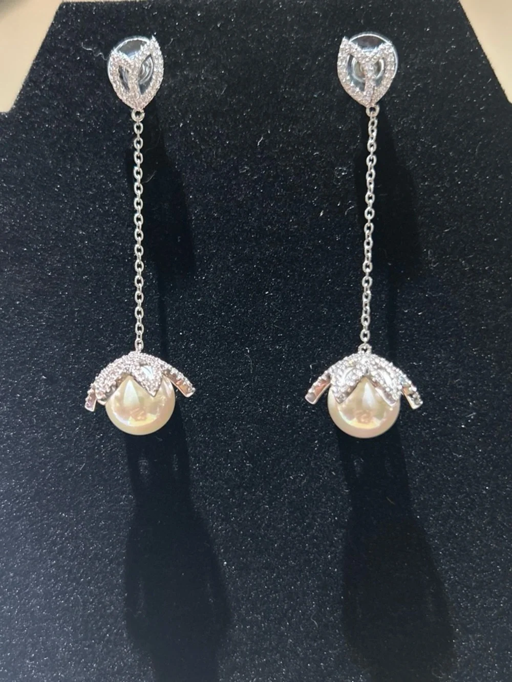Elegant Silver color faux Pearl Drop Earrings with Crystal Accents